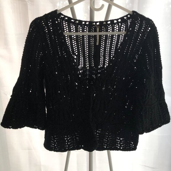 FREE PEOPLE ANTHROPOLOGIE OPEN STITCH OPEN-KNIT BLACK SWEATER SIZE M - Picture 1 of 7